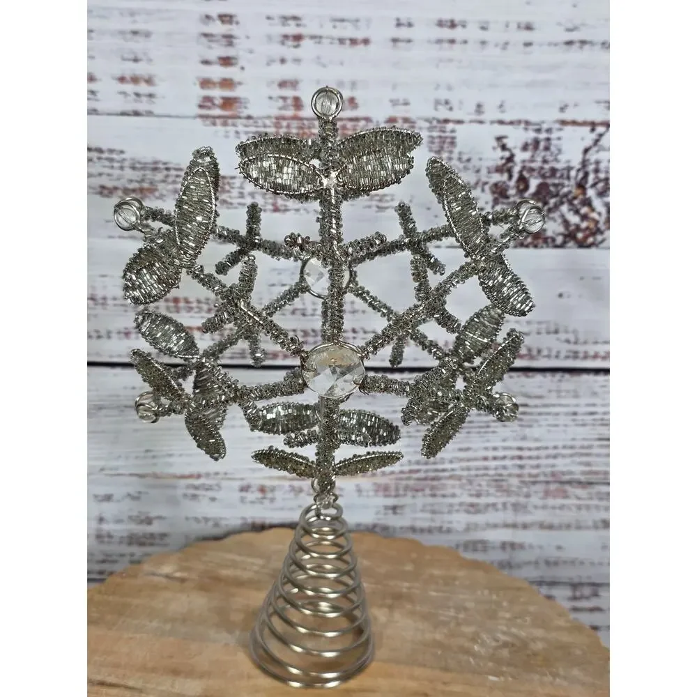 VTG Silver Beaded Metal Sparkle Star Snowflake Roud Tree Topper